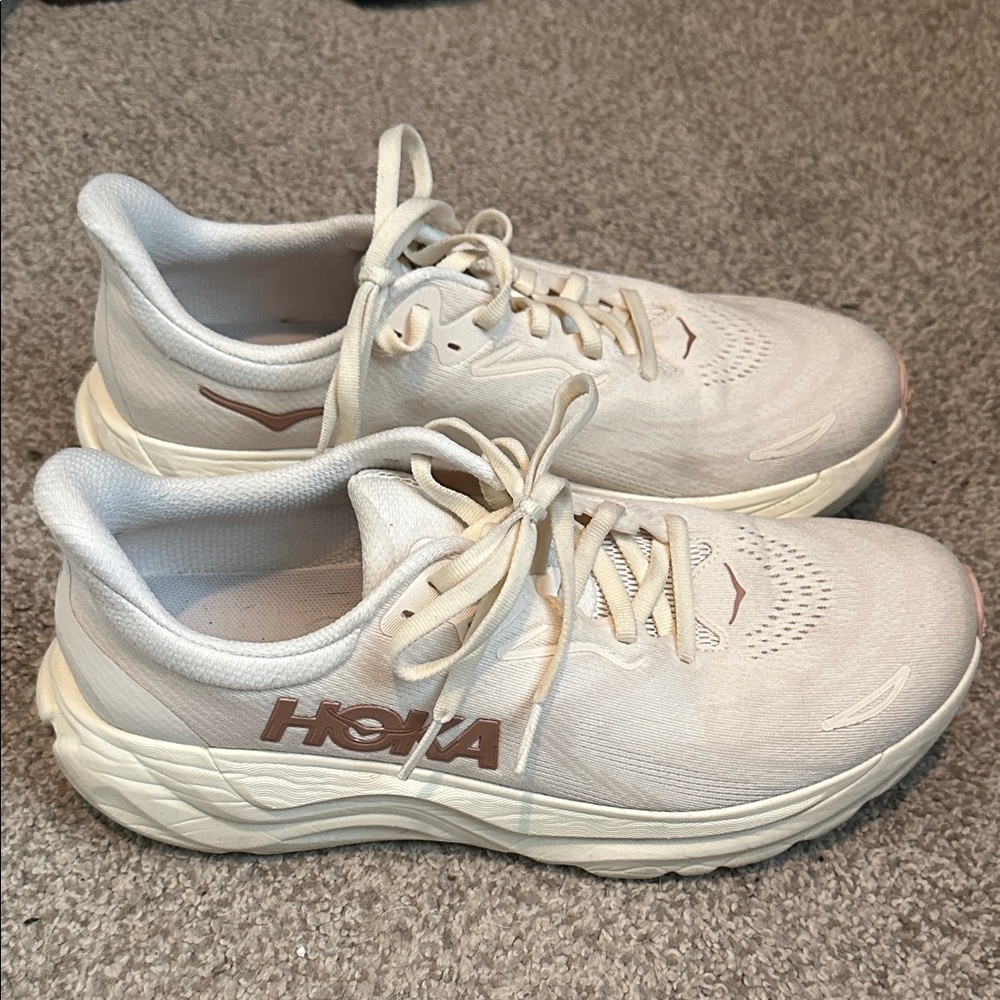 Hoka Cream Athletic Sneakers with Rose Gold Accents